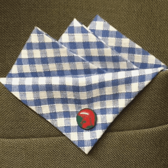 Blue Gingham Pocket Hankie With Red Trojan Head Green Pin
