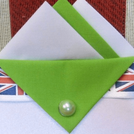 White And Green Pocket Hankie With Green Flap And Pin