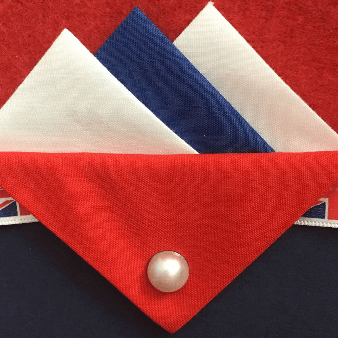 White, Blue And Red Pocket Hankie With Red Flap And Pin