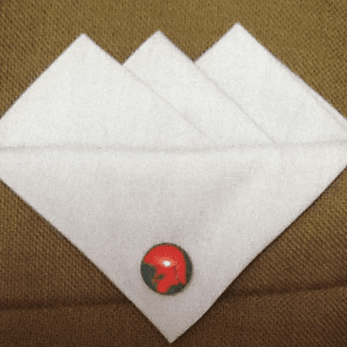 White Three Point Pocket Hankie With Red And Green Trojan Pin