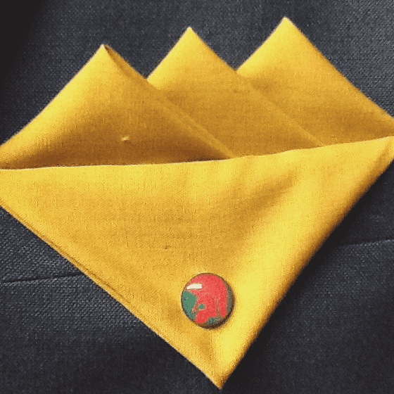 Yellow/Gold Three Point Pocket Hankie With Red And Green Trojan Pin
